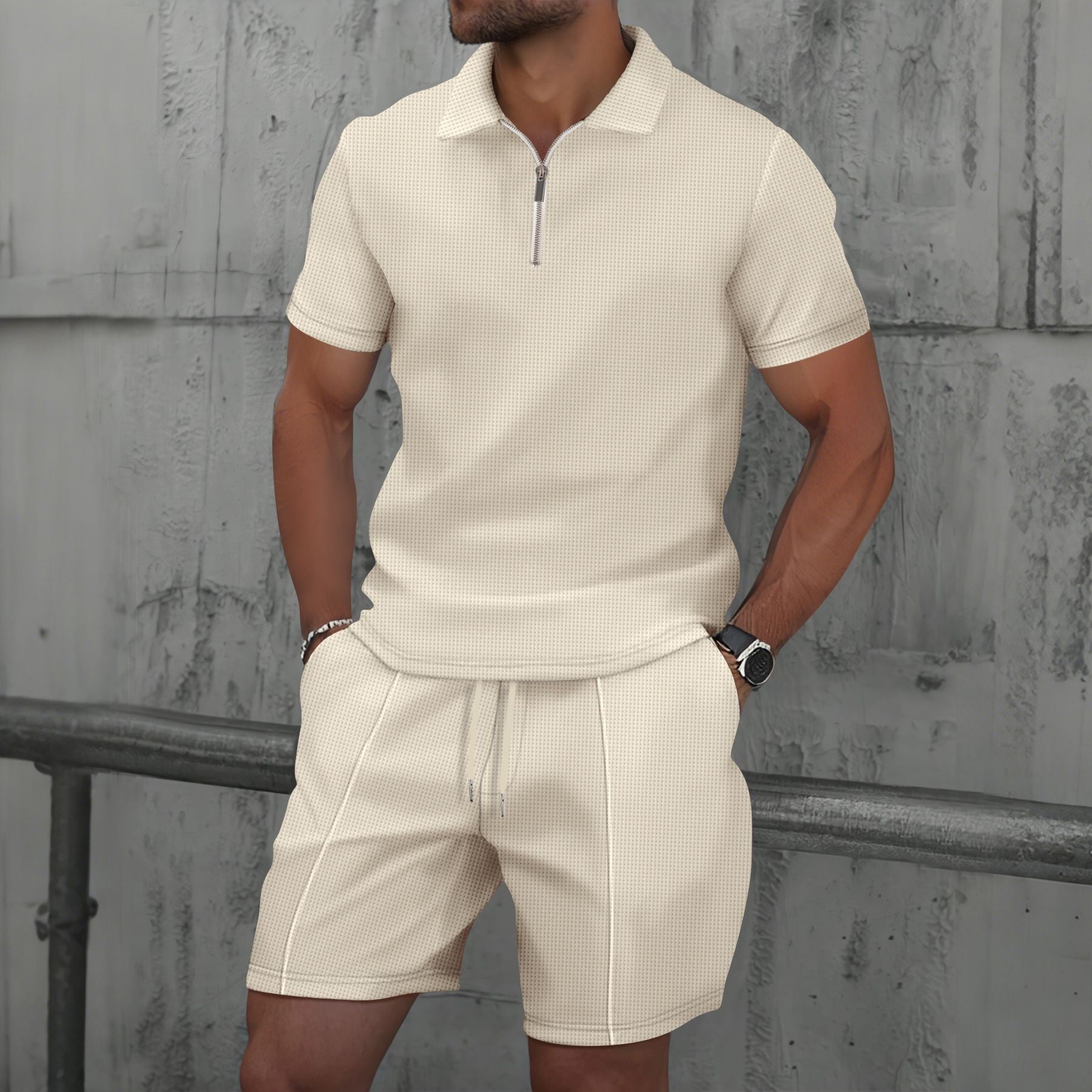 Men’s Half-Zip Polo Shirt & Drawstring Shorts Textured 2-Piece Set