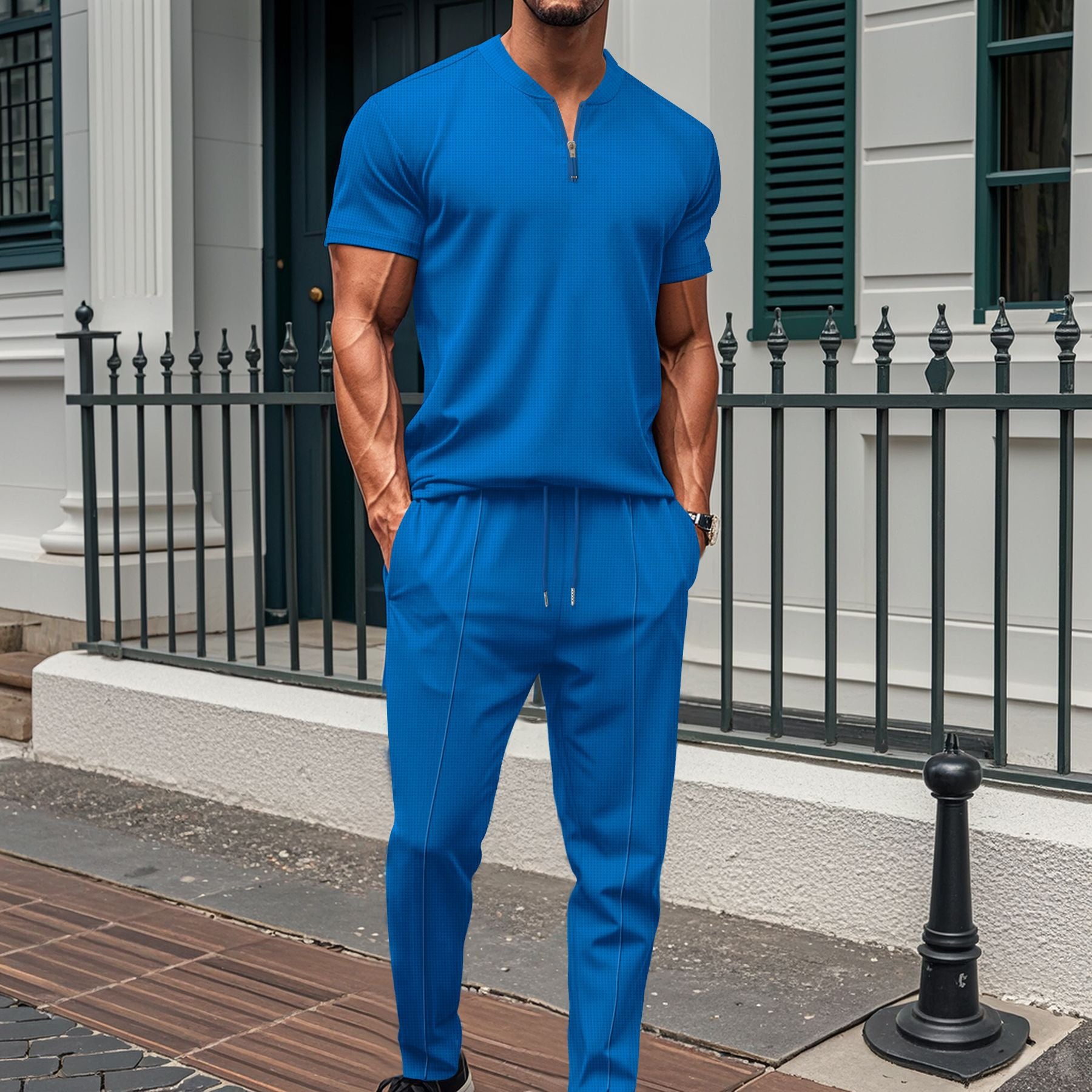 Men's Quarter-Zip Two-Piece Set - Casual Short Sleeve & Jogger Co-Ord
