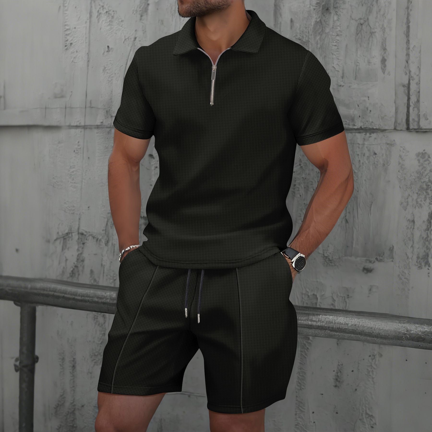 Solid Color Zippered Men's Polo Shorts Casual Suit