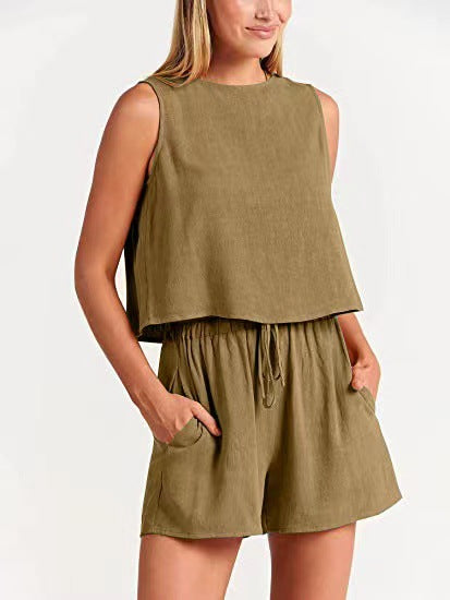 New women's casual sleeveless solid color loose high-waisted shorts two-piece set