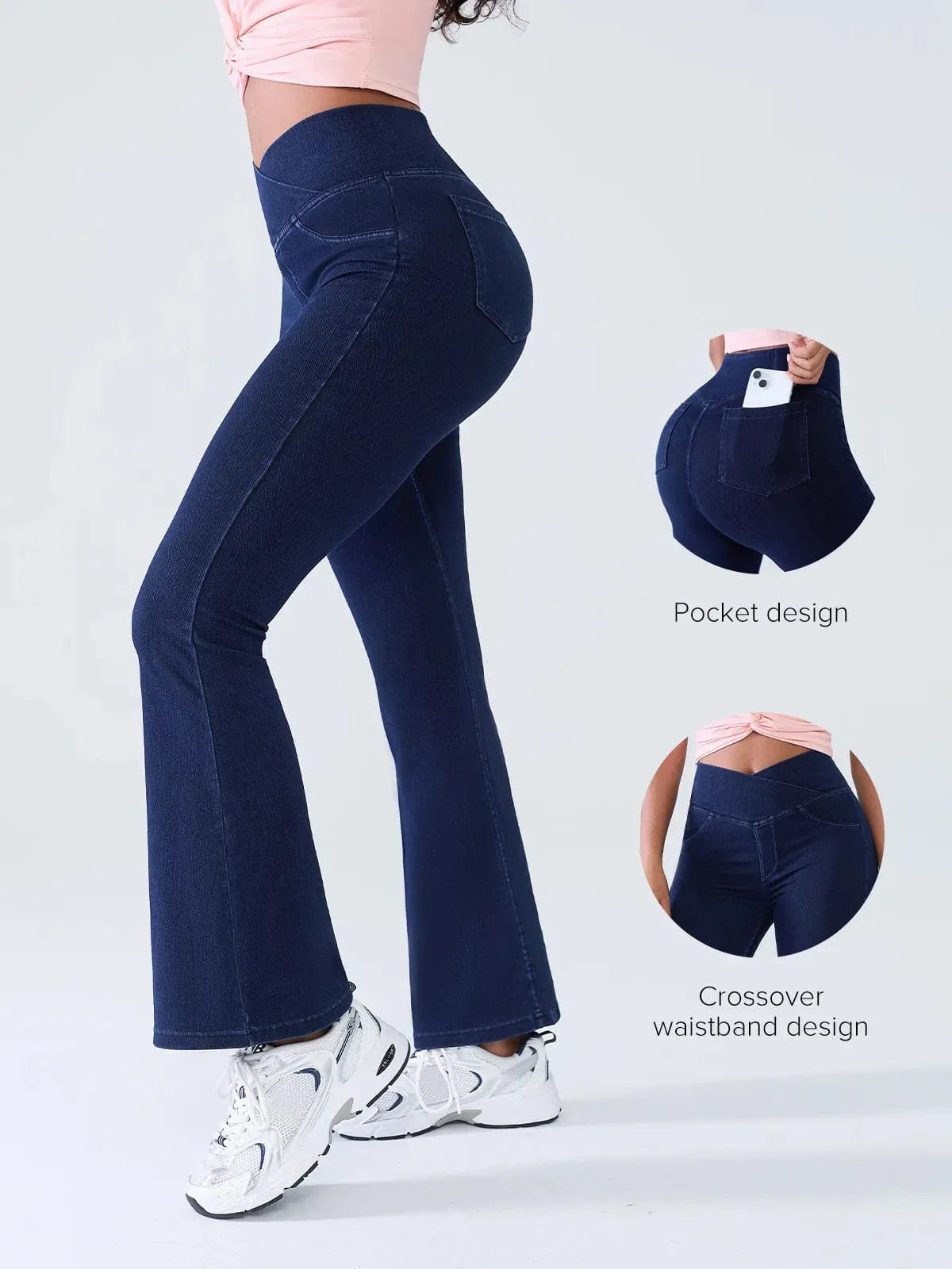 Crossover Denim Side Pockets Flare Leggings Regular