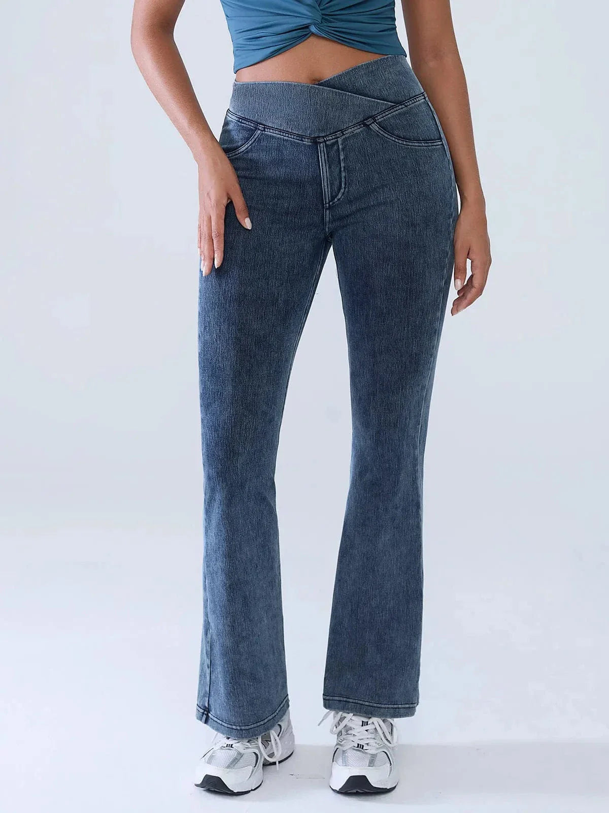 Crossover Denim Side Pockets Flare Leggings Regular