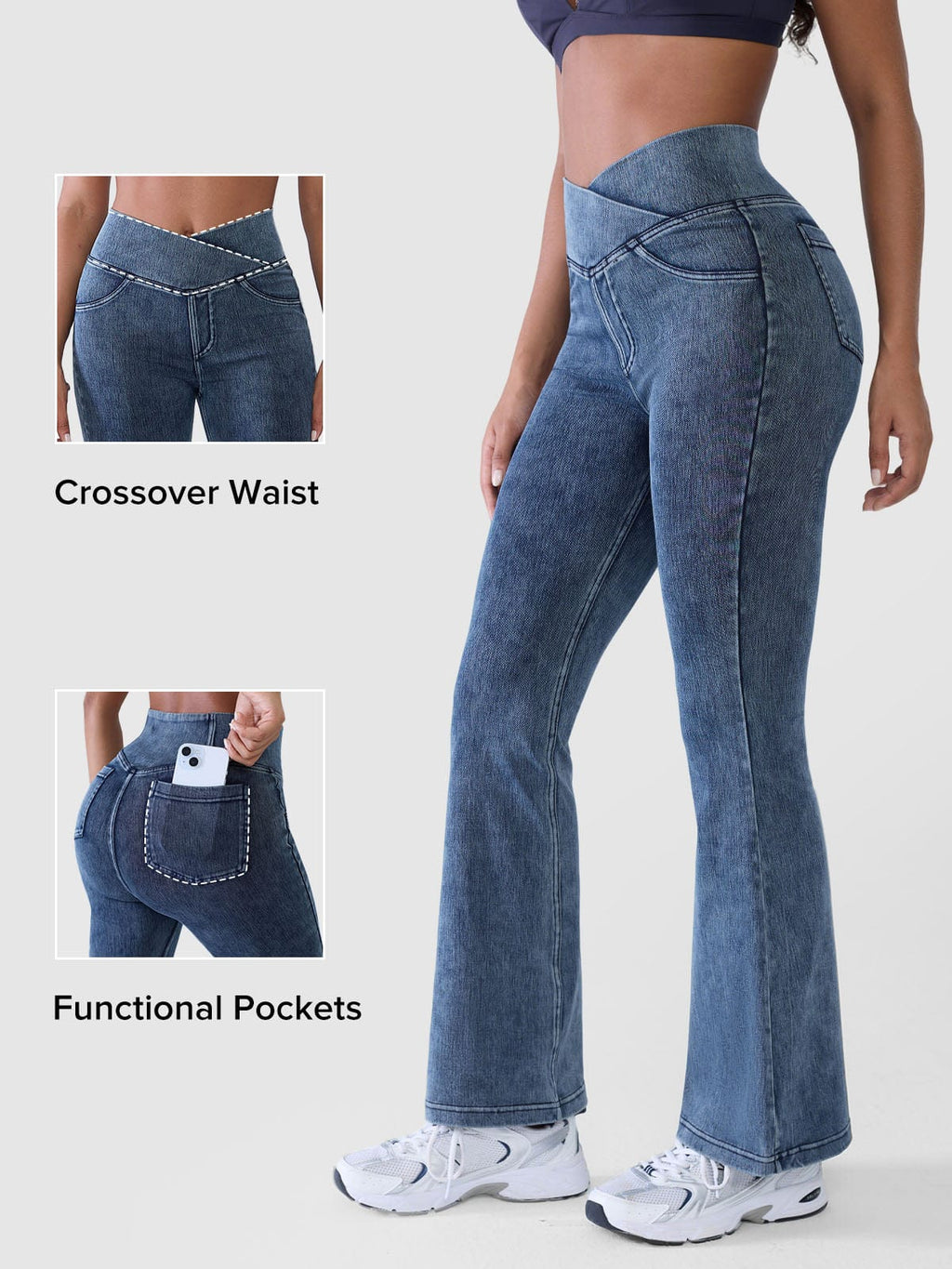 Crossover Denim Side Pockets Flare Leggings Regular