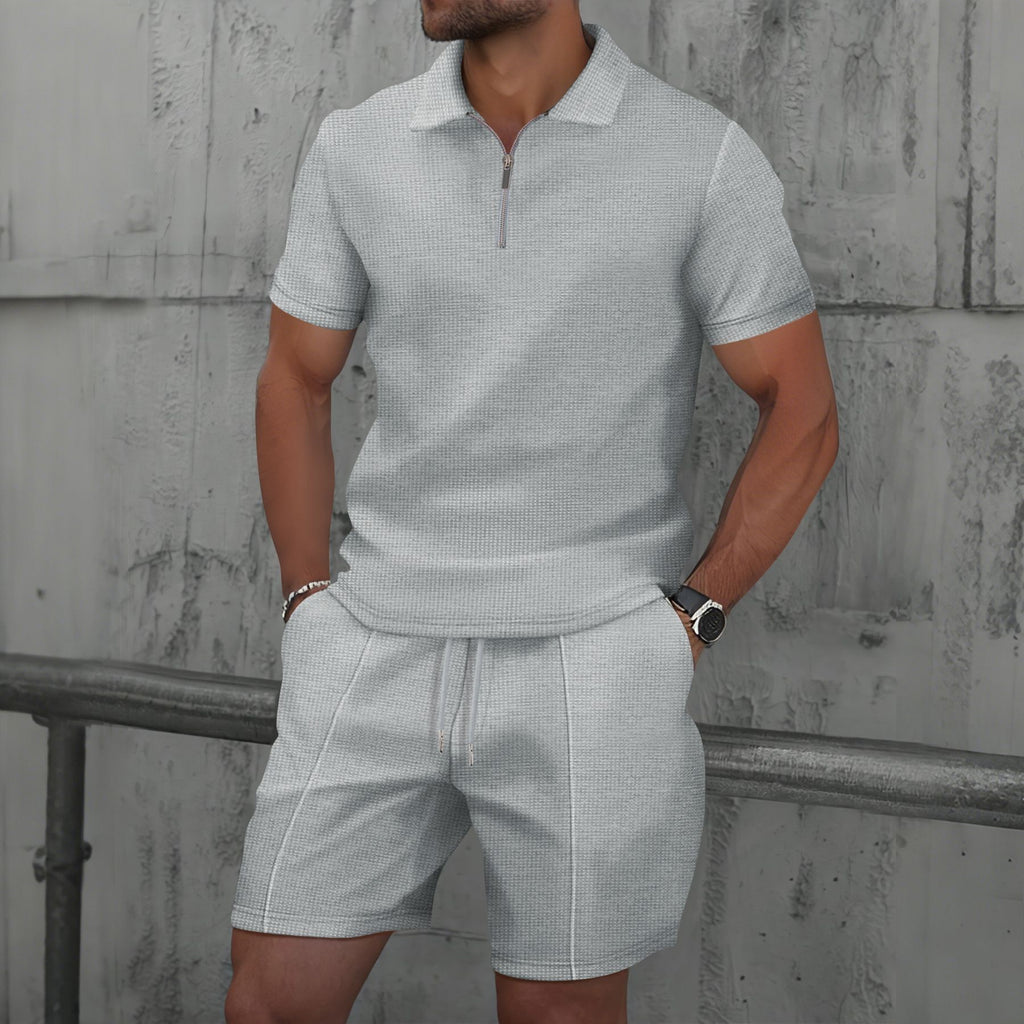 Solid Color Zippered Men's Polo Shorts Casual Suit