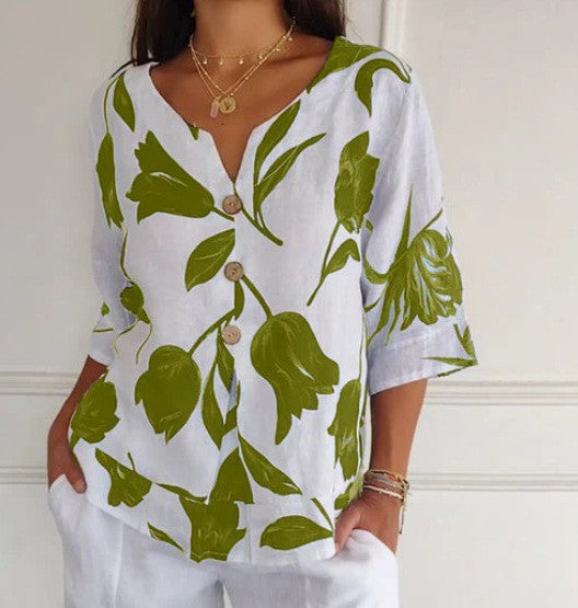 Printed cotton linen V-neck short-sleeved pullover shirt
