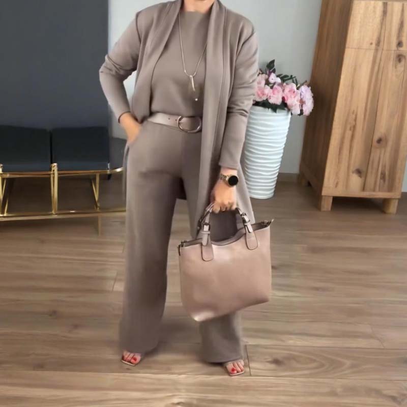 ⏳Oferta especial por tiempo limitado⏰Elegante conjunto de 3 piezas que incluye un cárdigan largo, un top y unos pantalones💞